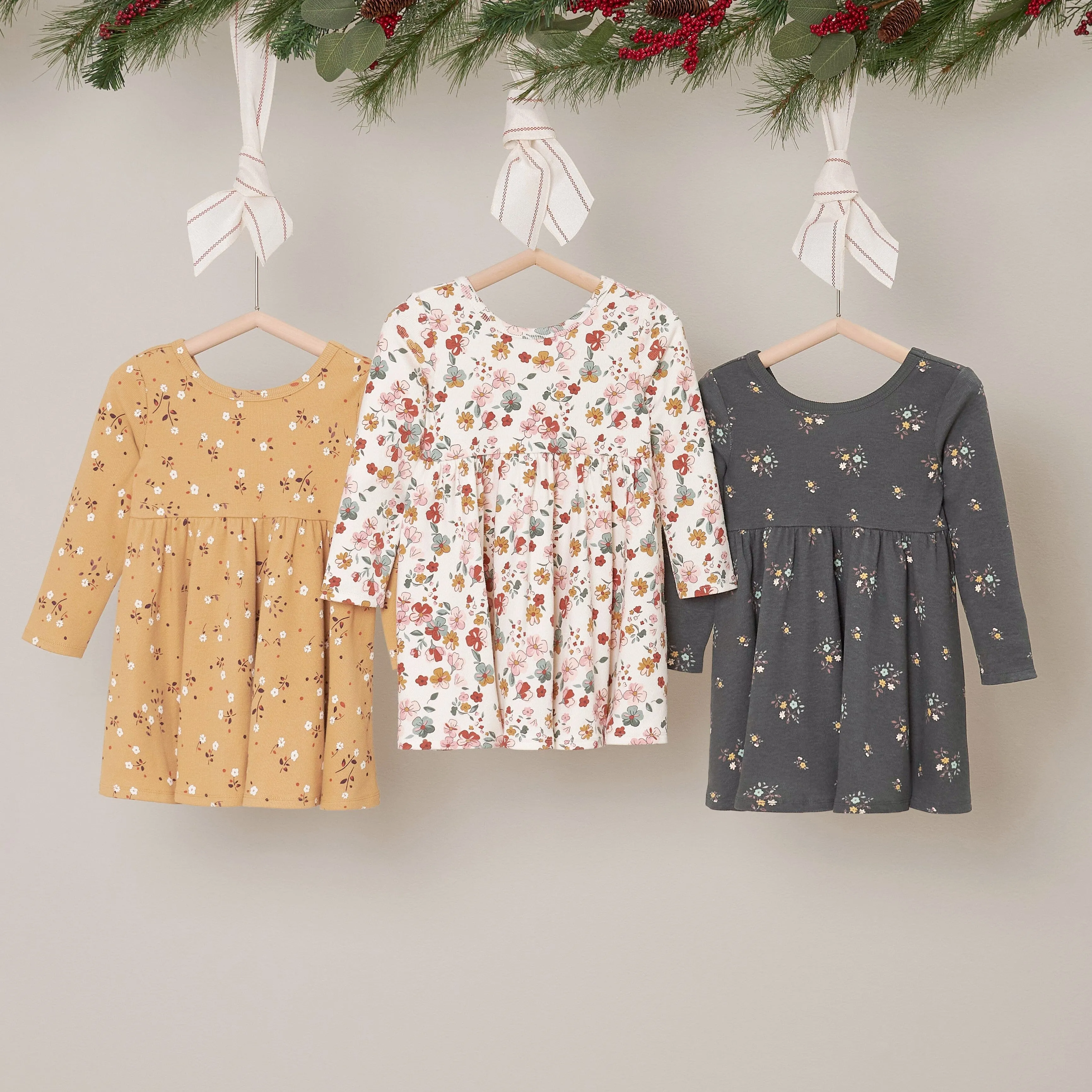 2-Pack Infant & Toddler Girls Mint Floral Long Sleeve Dresses