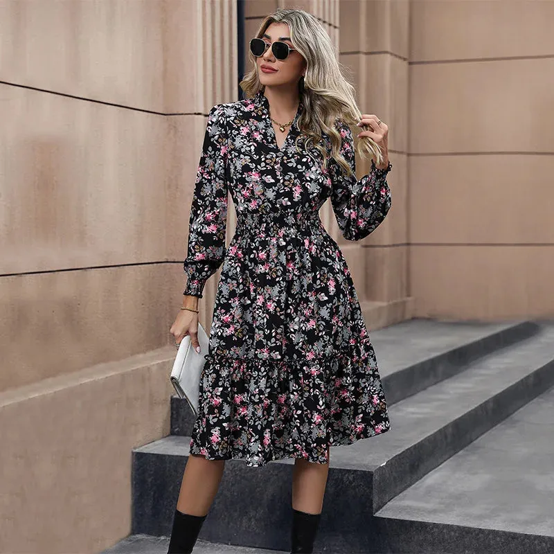 2024 Long Sleeve Printed A-Link Skirt Vestido De Cuello V Cerrado Summer Women's Floral Dress