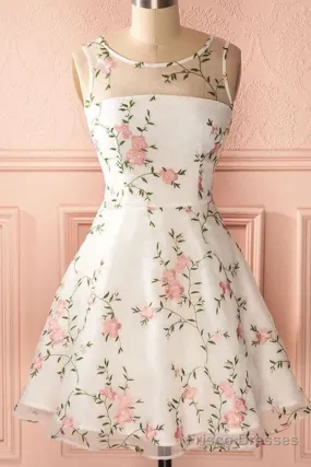 A Line Round Neck Short Lace Floral Prom Dresses, Short Lace Floral Formal Homecoming Dresses
