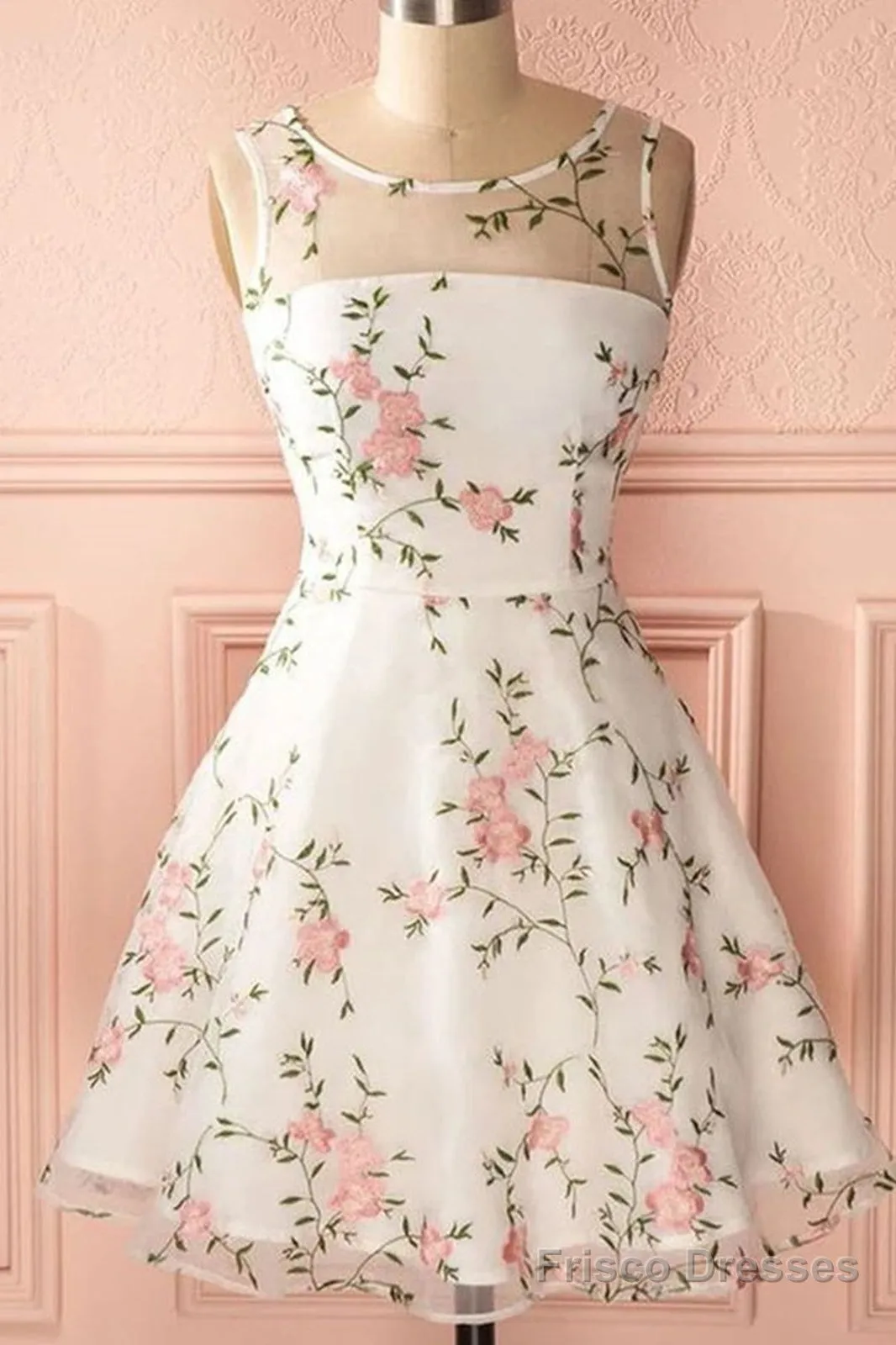 A Line Round Neck Short Lace Floral Prom Dresses, Short Lace Floral Formal Homecoming Dresses