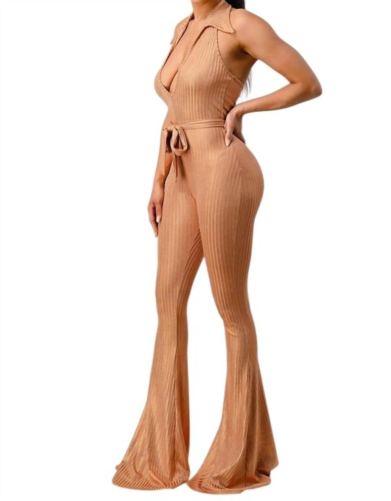 Aced It - Lurex Rib Deep V-Line Disco Jumpsuit