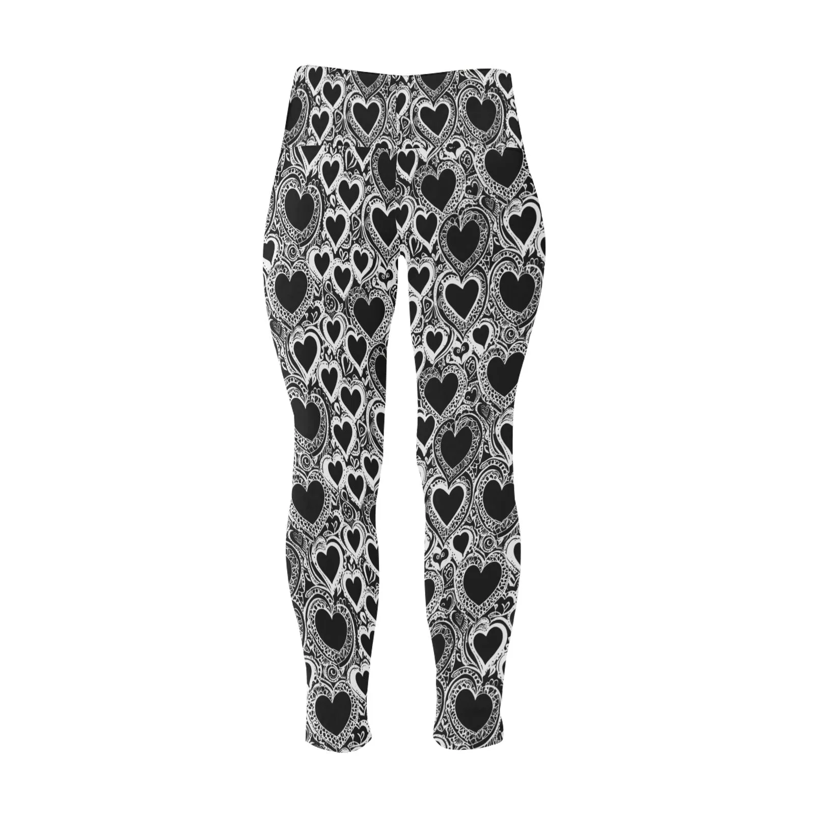 Black and White Groovy Hearts Women's Plus Size High Waited Leggings Women's High Waist Leggings(Plus Size)(ModelL45)