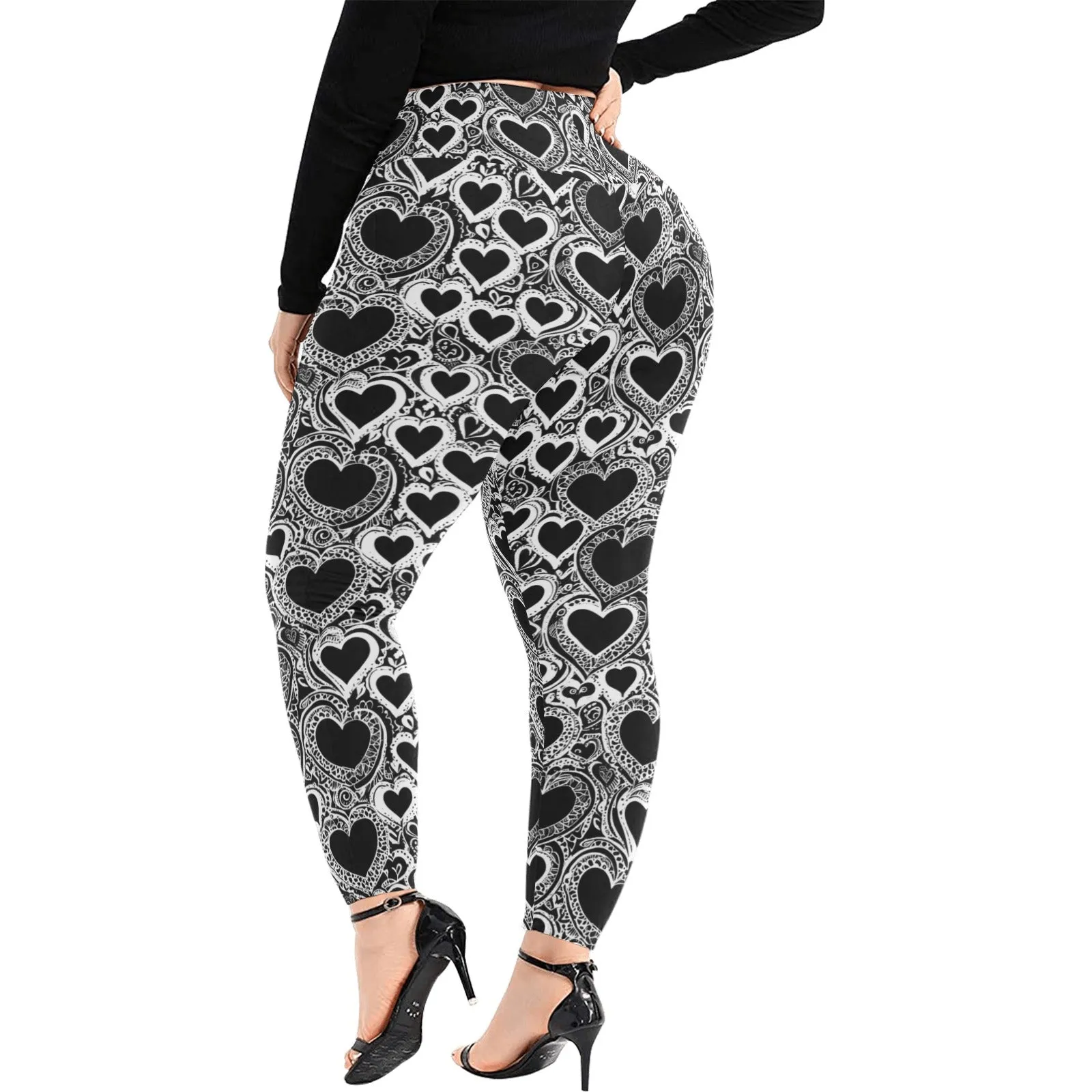 Black and White Groovy Hearts Women's Plus Size High Waited Leggings Women's High Waist Leggings(Plus Size)(ModelL45)