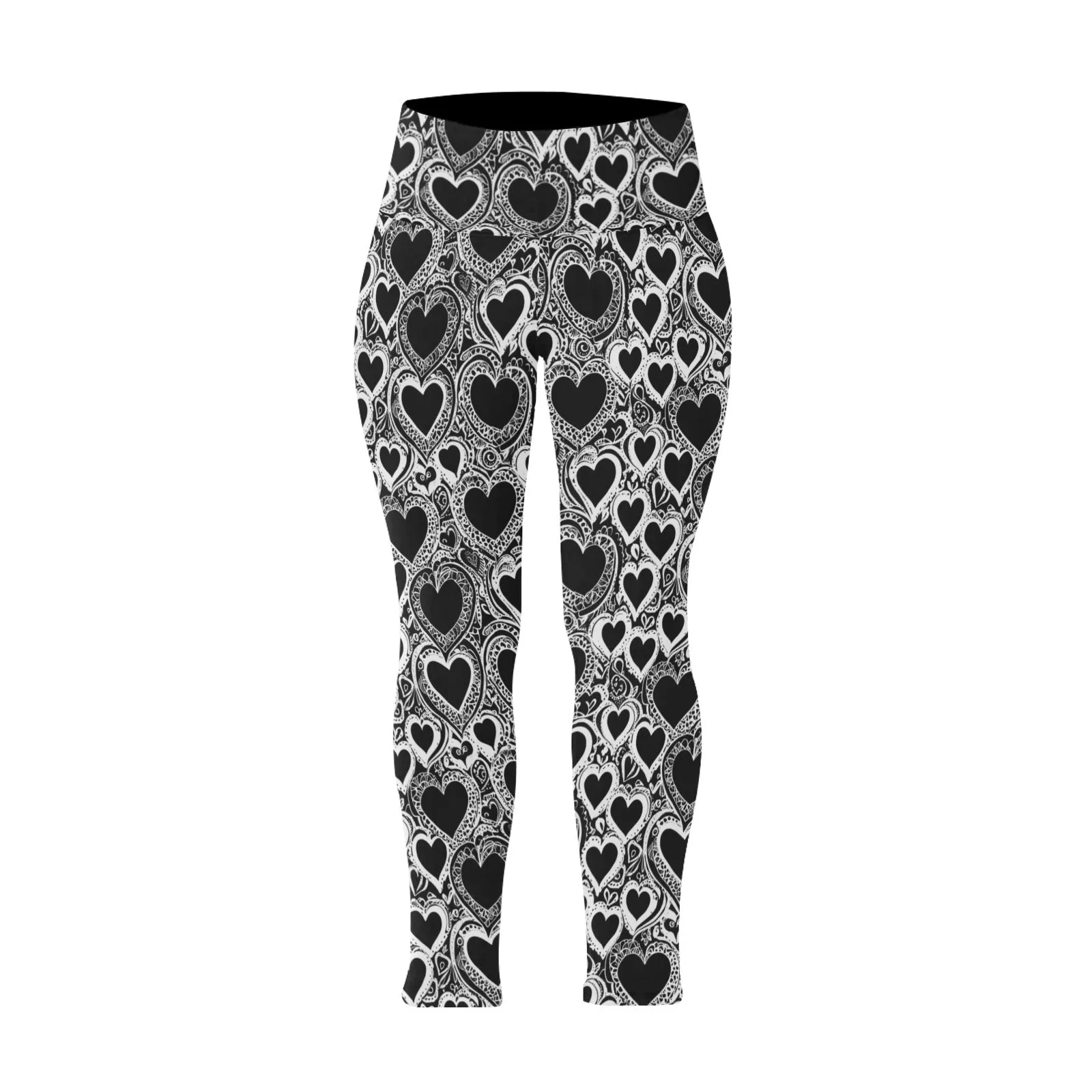 Black and White Groovy Hearts Women's Plus Size High Waited Leggings Women's High Waist Leggings(Plus Size)(ModelL45)