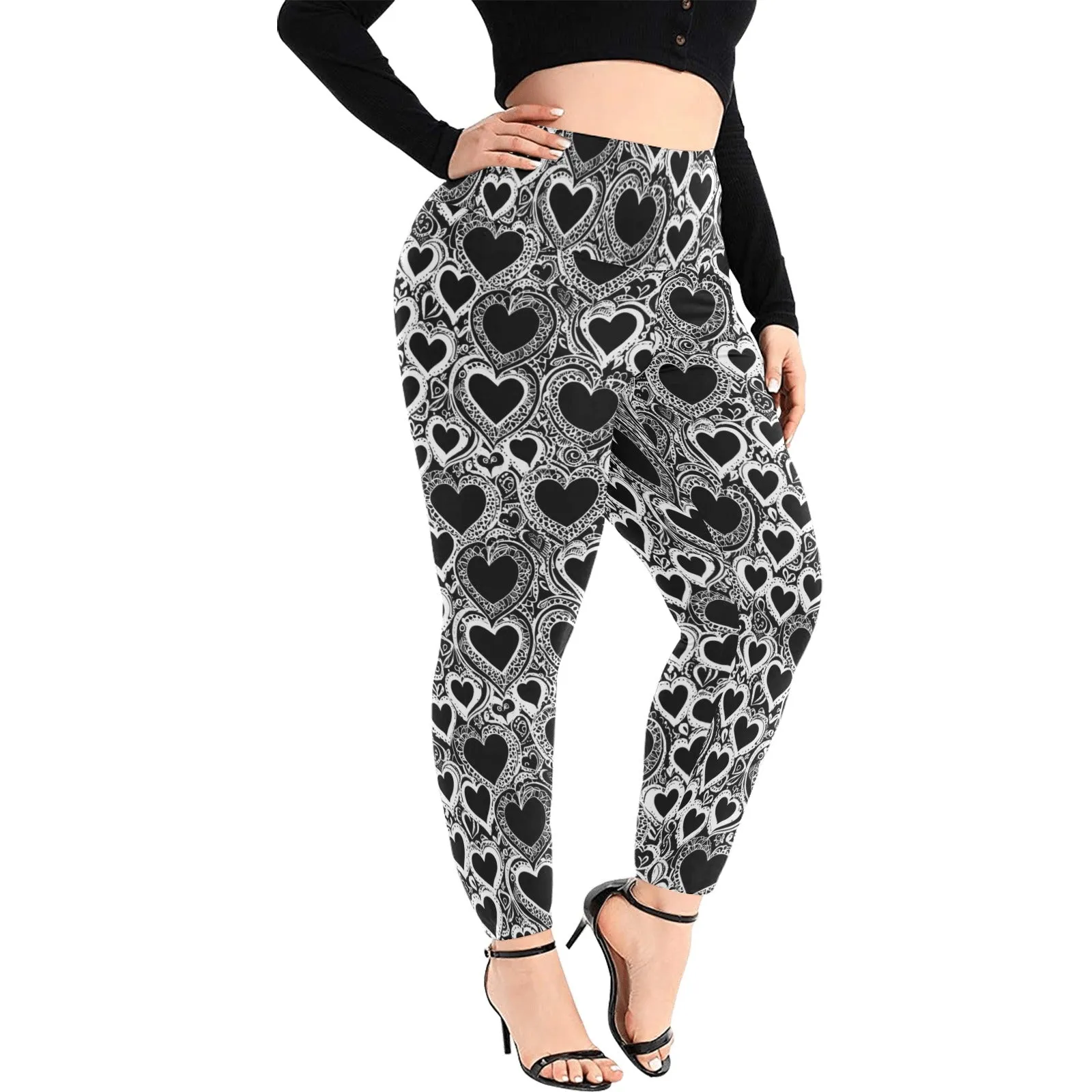 Black and White Groovy Hearts Women's Plus Size High Waited Leggings Women's High Waist Leggings(Plus Size)(ModelL45)