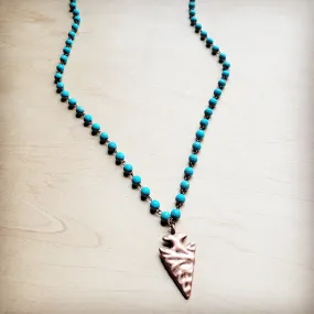**Blue Turquoise Beaded Necklace w/ Antique Copper Arrowhead 260h