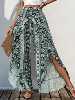 Chic ruffled slit wide leg pants