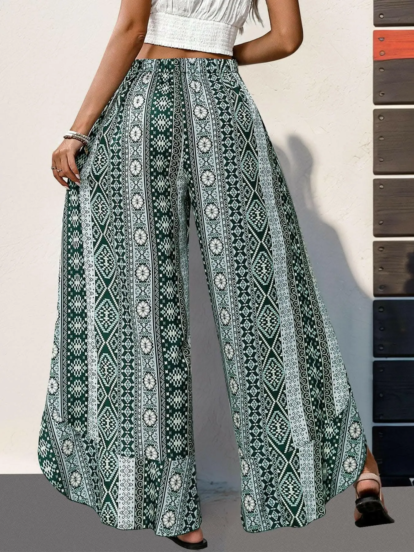 Chic ruffled slit wide leg pants