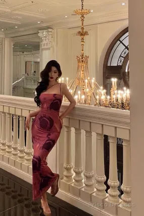 Classy Sheath Floral Pink Prom Dresses Birthday Outfits Evening Gown