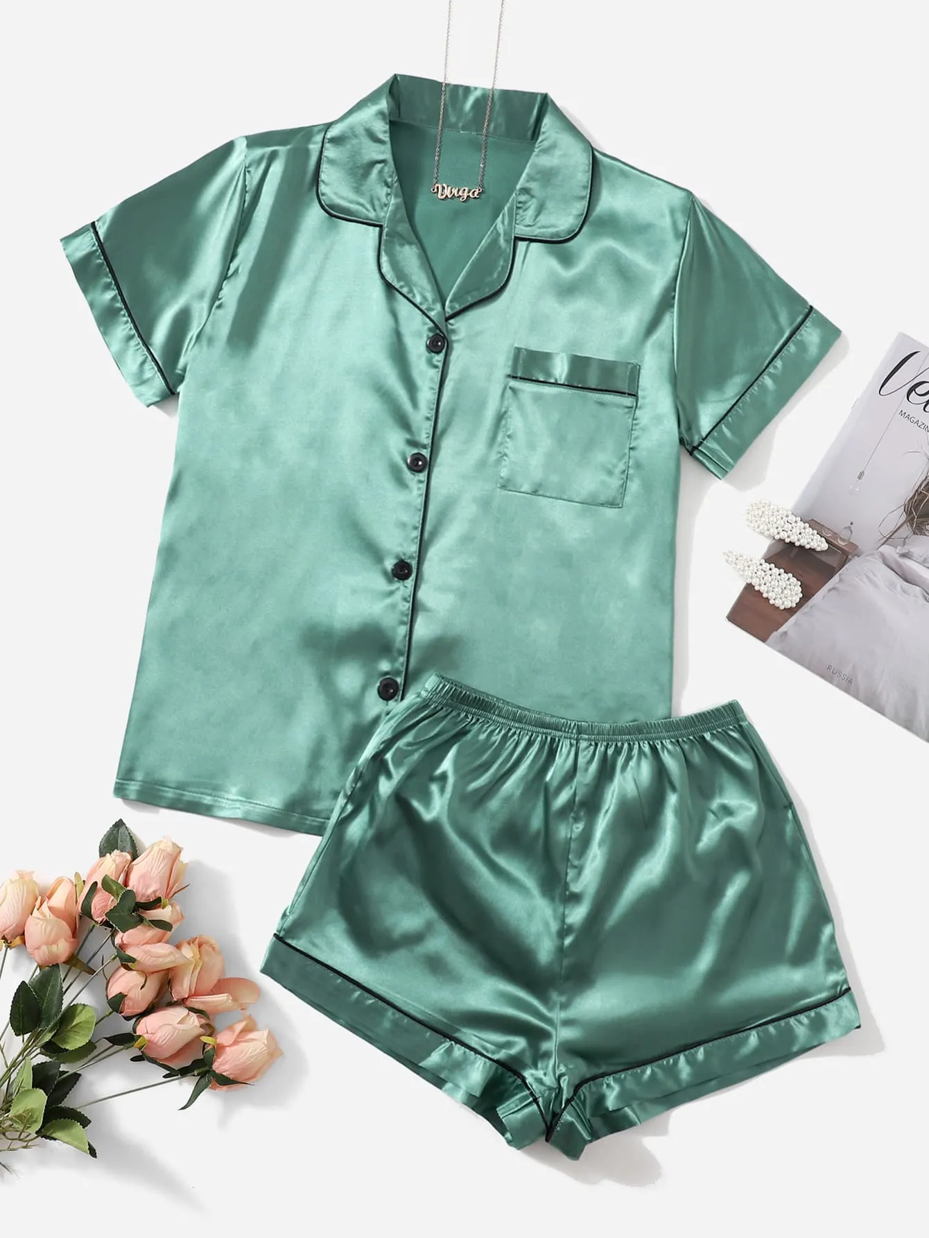 Contrast Binding Satin Pajama Set - Luxurious Sleepwear for Women