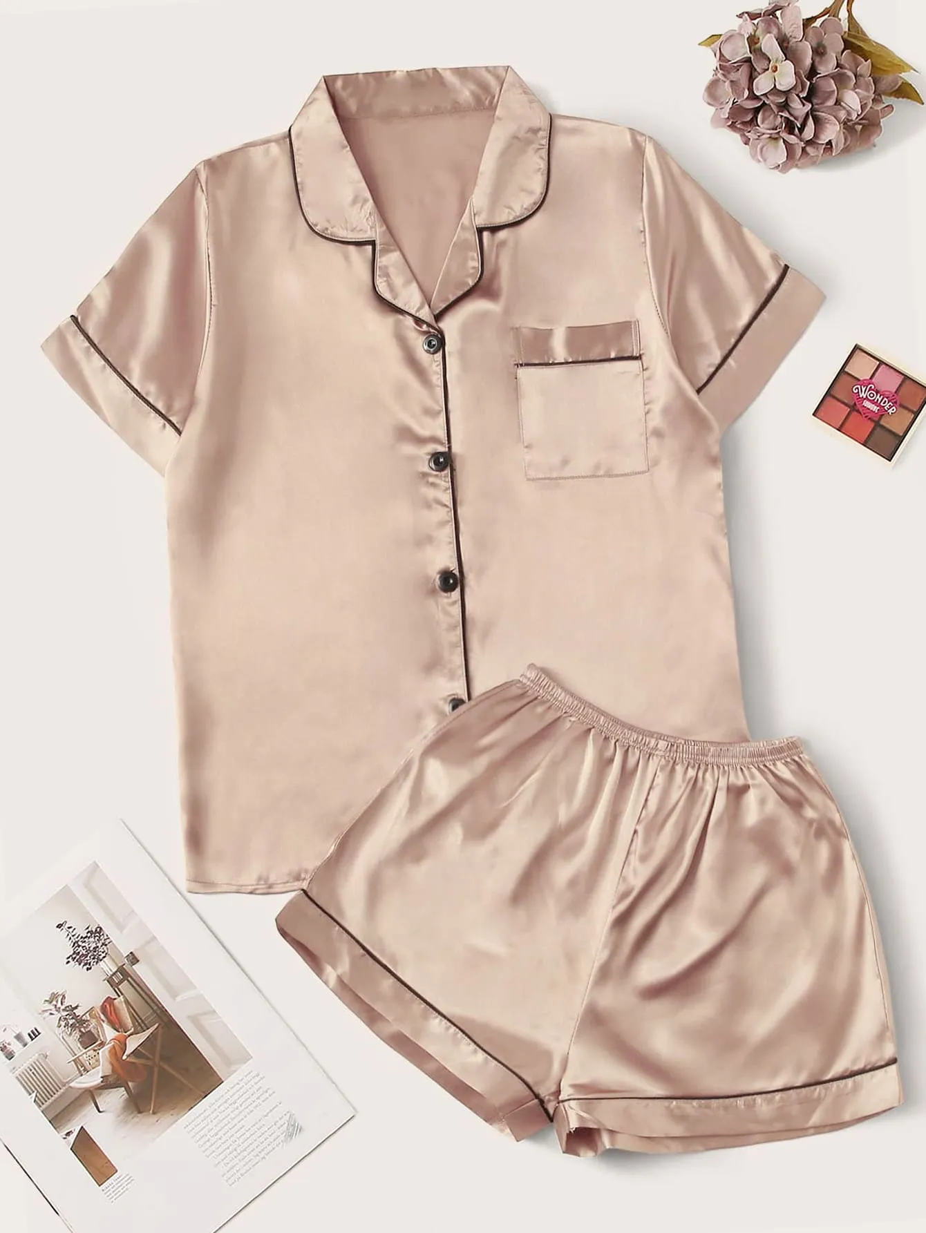 Contrast Binding Satin Pajama Set - Luxurious Sleepwear for Women