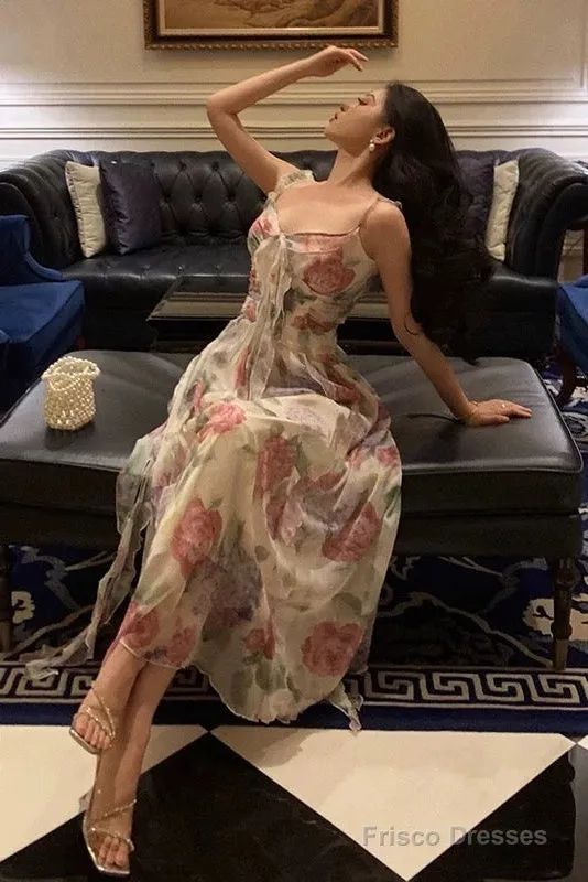 Elegant A Line Spaghetti Straps Pink Floral Prom Dresses Birthday Outfits Evening Gown