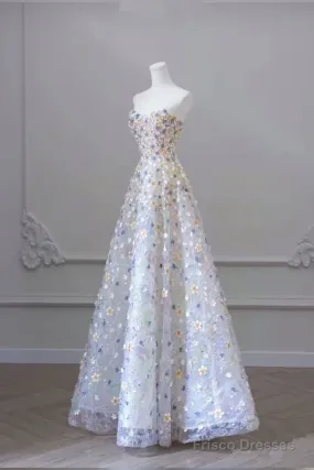 Elegant A Line Strapless Floral Long Prom Dress