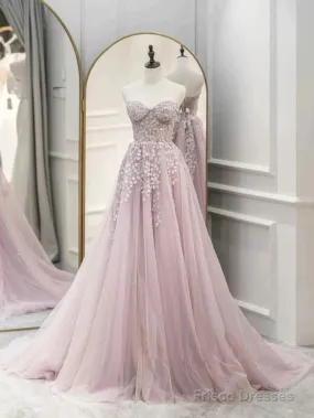 Floral Strapless Pink Lace Appliques Long Prom Dress