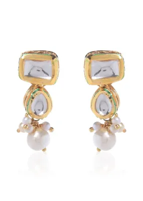 Gold Plated Earrings With Intricate Kundan Work In Tiny Geometric Motifs With Moti Tassels By Paisley Pop