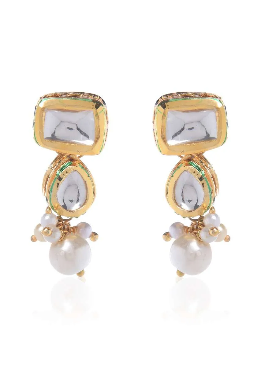 Gold Plated Earrings With Intricate Kundan Work In Tiny Geometric Motifs With Moti Tassels By Paisley Pop
