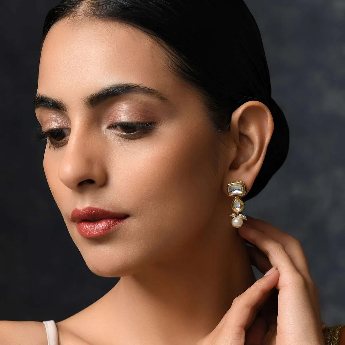 Gold Plated Earrings With Intricate Kundan Work In Tiny Geometric Motifs With Moti Tassels By Paisley Pop