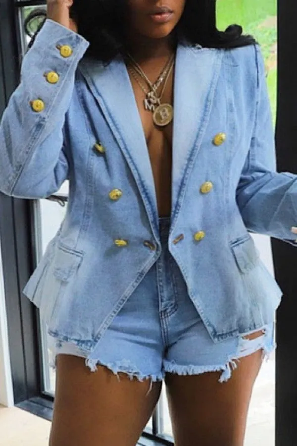hulianfu - Light Blue Casual Solid Patchwork Turndown Collar Long Sleeve Regular Denim Jacket