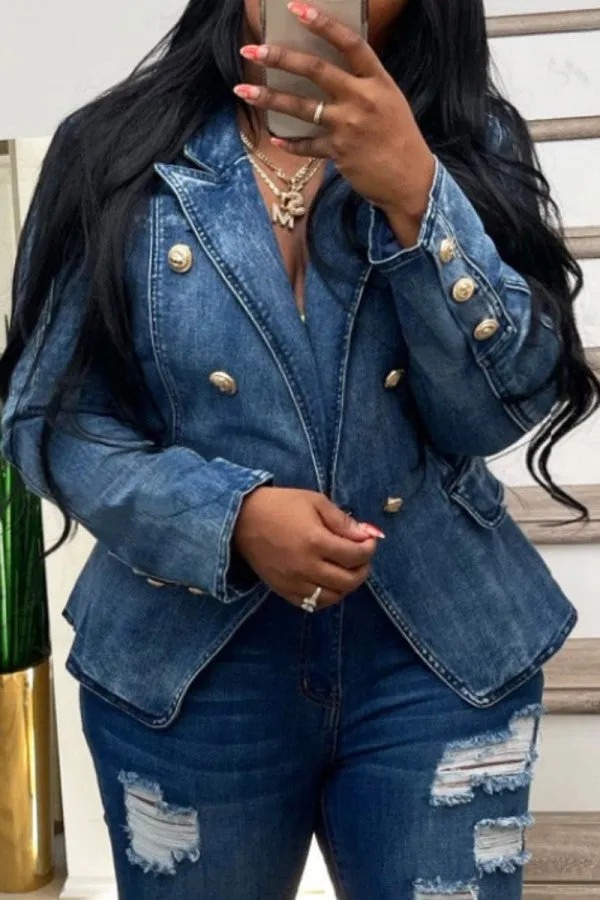 hulianfu - Light Blue Casual Solid Patchwork Turndown Collar Long Sleeve Regular Denim Jacket