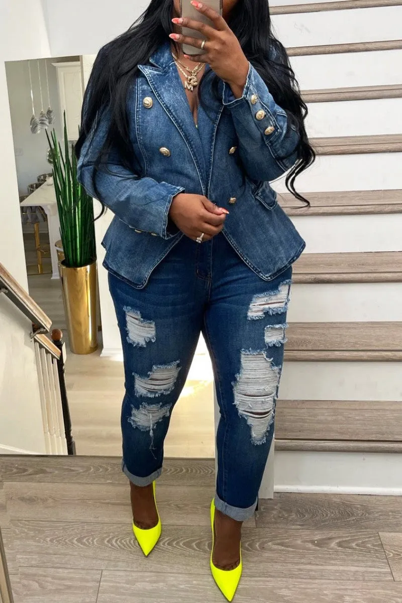 hulianfu - Light Blue Casual Solid Patchwork Turndown Collar Long Sleeve Regular Denim Jacket