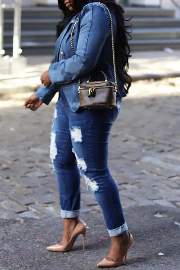 hulianfu - Light Blue Casual Solid Patchwork Turndown Collar Long Sleeve Regular Denim Jacket