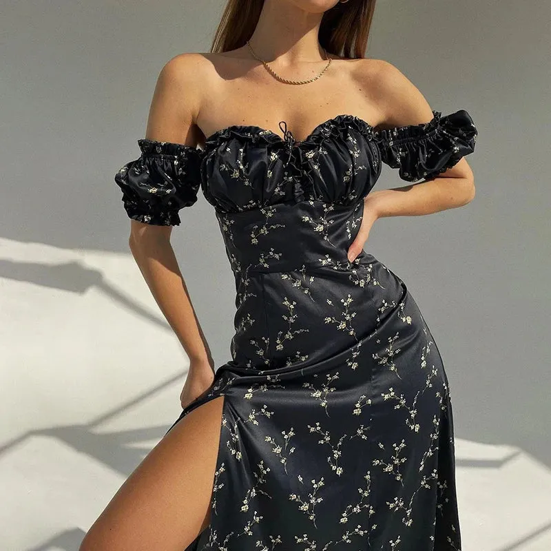 Off Shoulder Puff Sleeve Lace Up Side Split Floral Dress