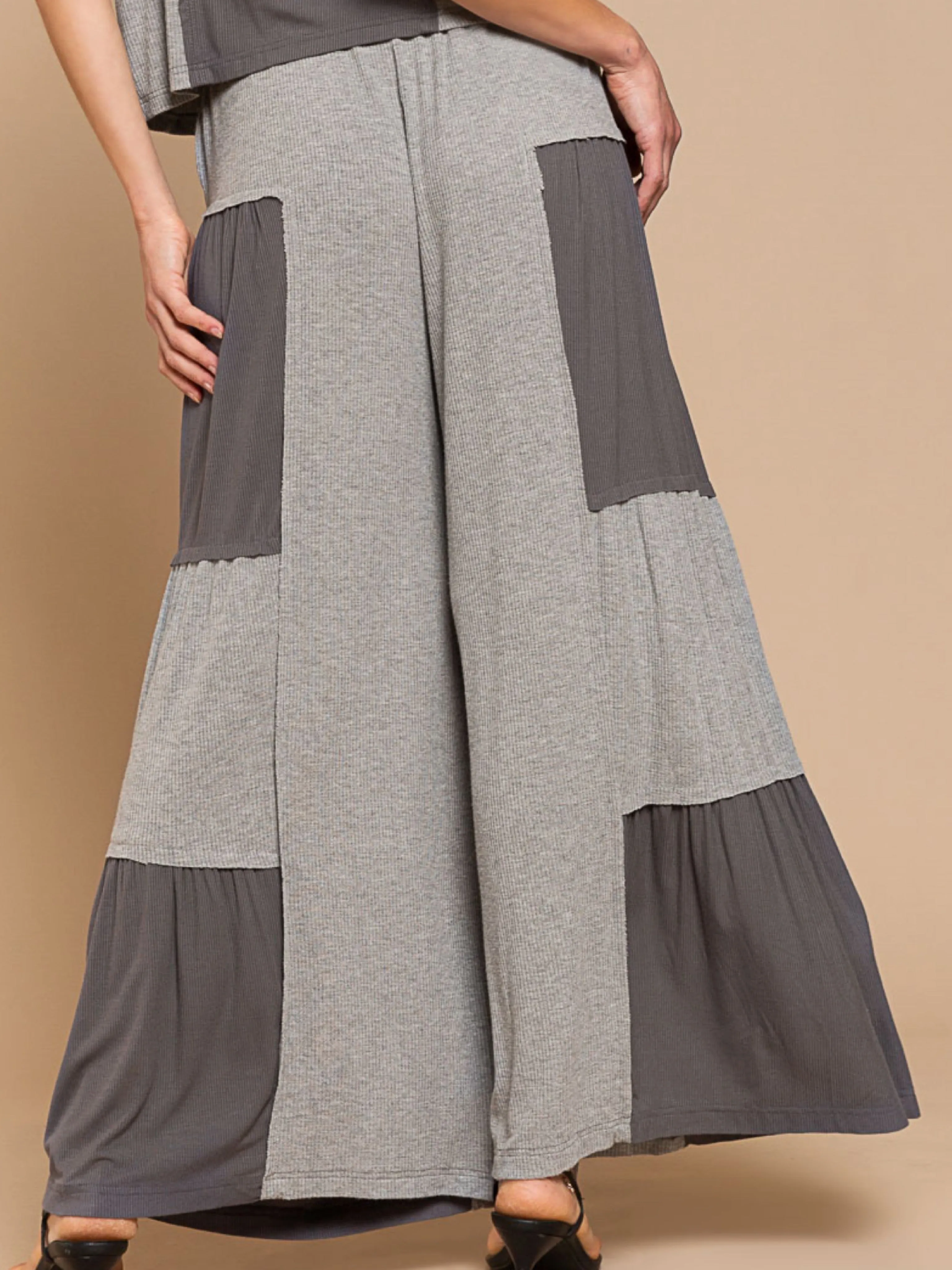 Patchwork Ribbed Wide Leg Pants