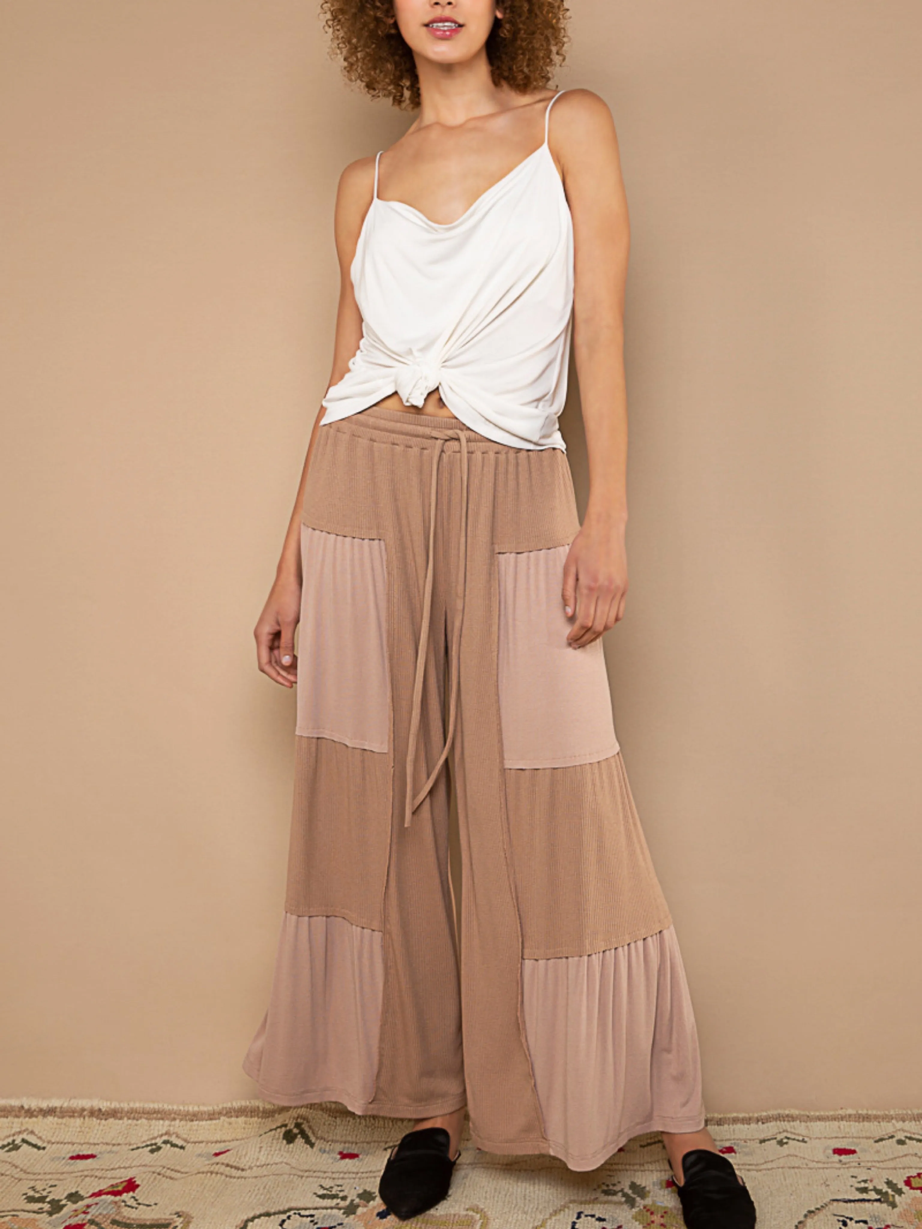 Patchwork Ribbed Wide Leg Pants