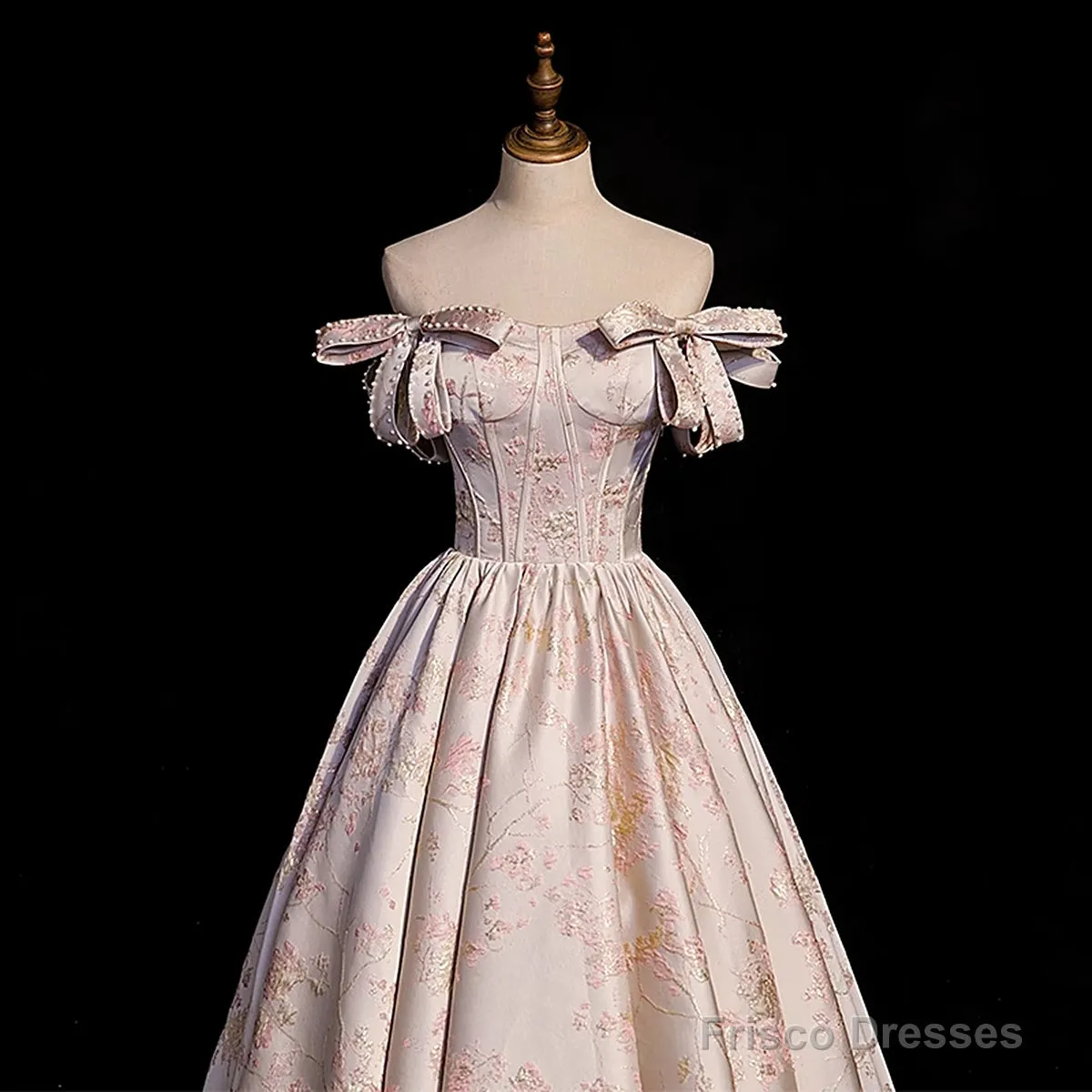 Pink Statin Off Shoulder Floral Long Party Dress, Pink Sweetheart Prom Dress Evening Dress