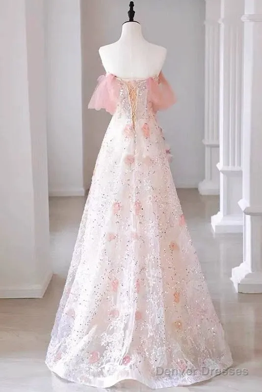 Sexy A Line Off The Shoulder Pink Tulle Floor Length Floral Prom Dresses