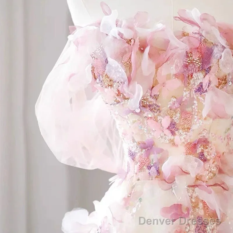 Sexy A Line Off The Shoulder Pink Tulle Floor Length Floral Prom Dresses