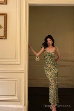 Sexy Mermaid Straps Floral Green Chiffon Prom Dresses Birthday Outfits Evening Gown