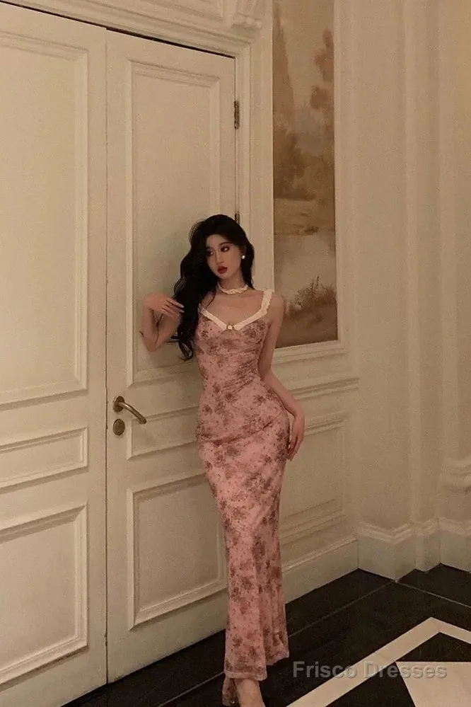 Sexy Sheath Straps Pink Floral Prom Dresses Long Birthday Outfits Evening Gown