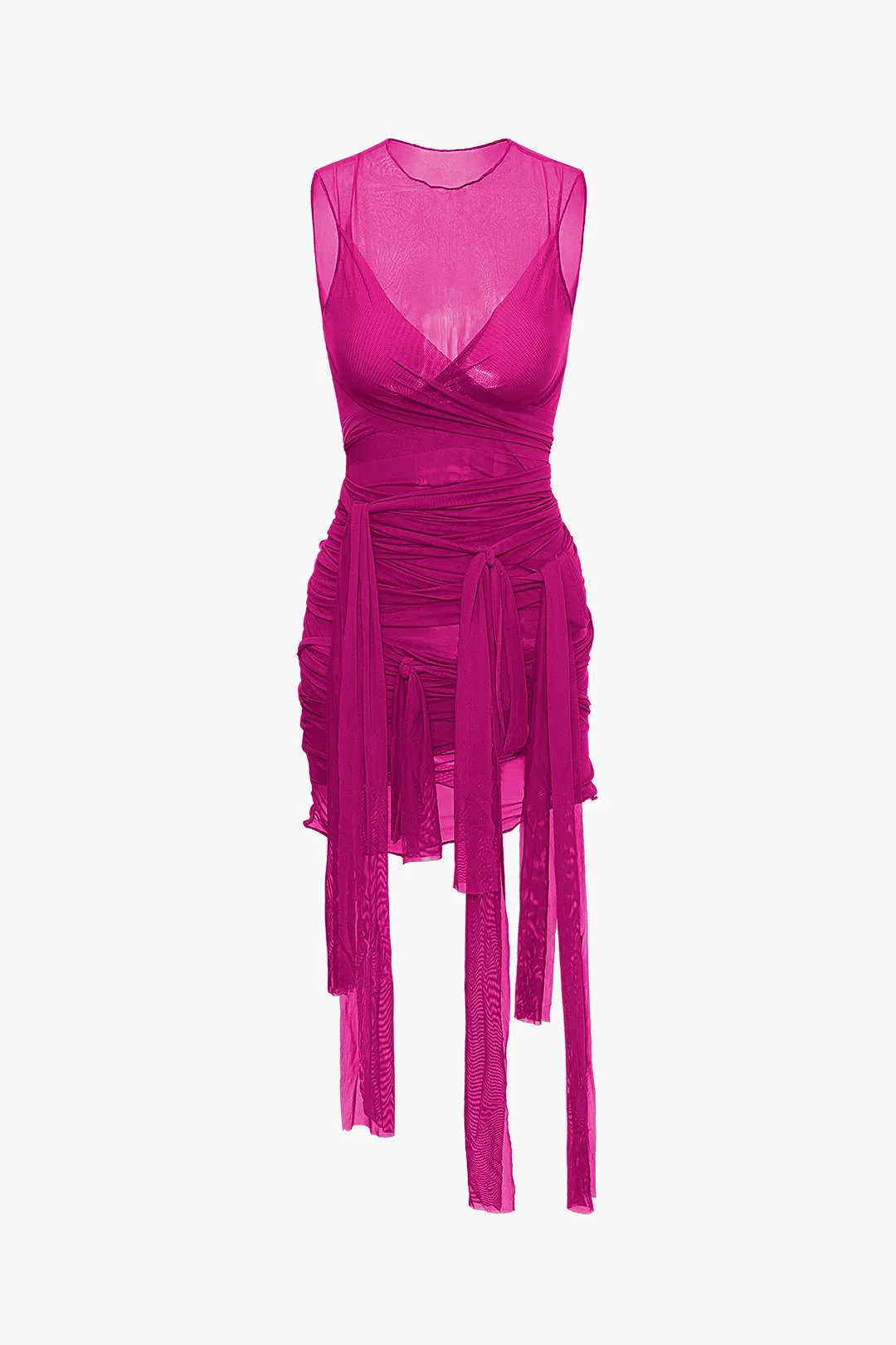 Sheer Mesh Wrap Mini Elbise
