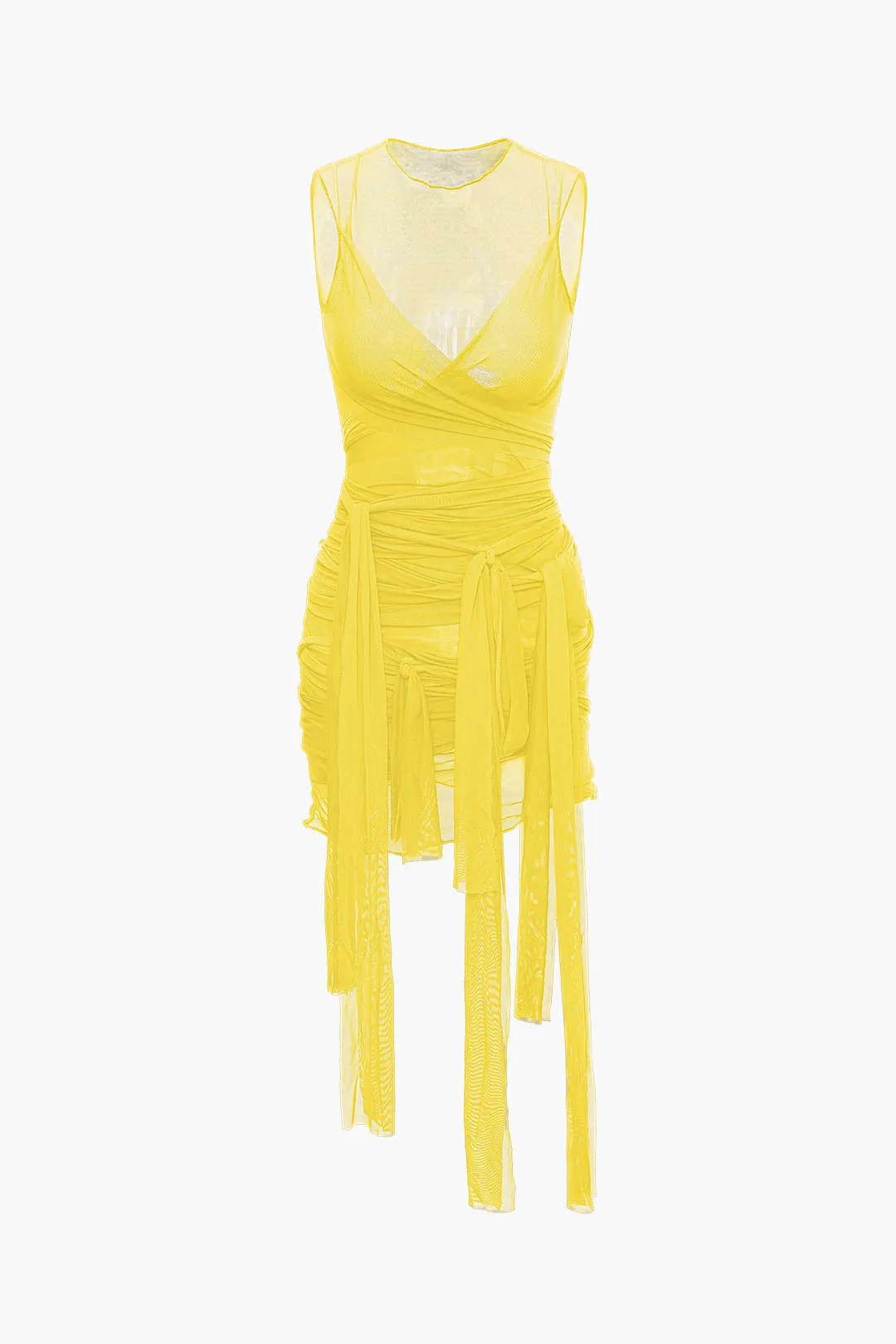 Sheer Mesh Wrap Mini Elbise