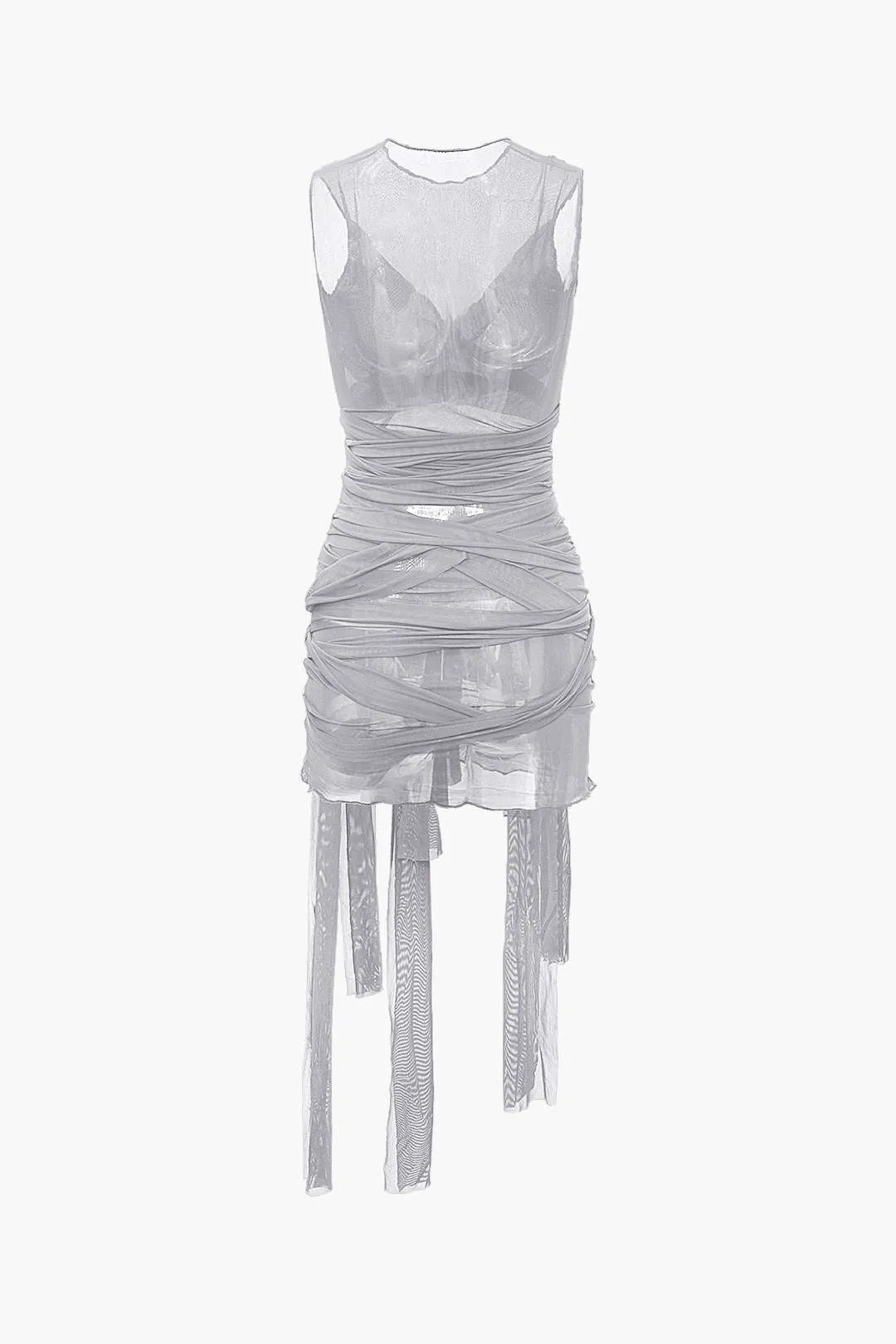 Sheer Mesh Wrap Mini Elbise