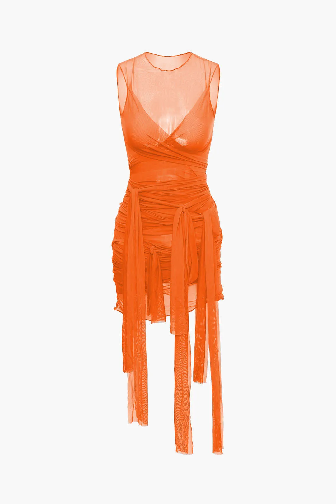 Sheer Mesh Wrap Mini Elbise