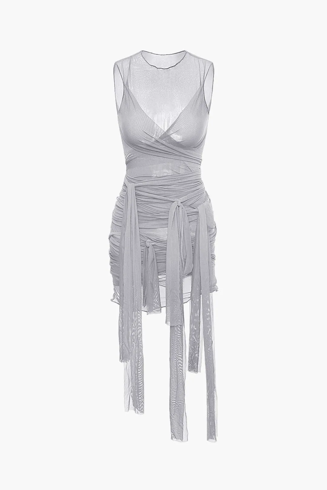 Sheer Mesh Wrap Mini Elbise