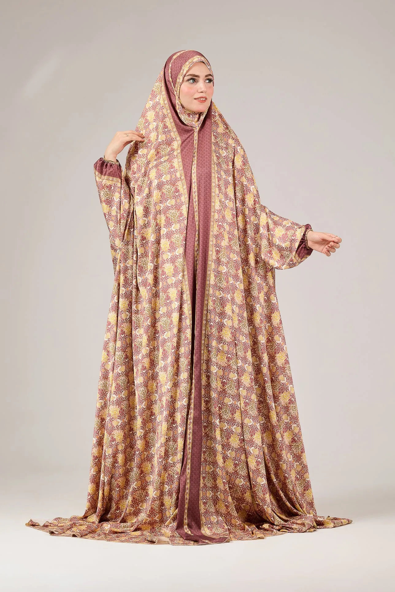 Talia Elegant Satin Floral Prayer Gown with Elasticated Cuffs