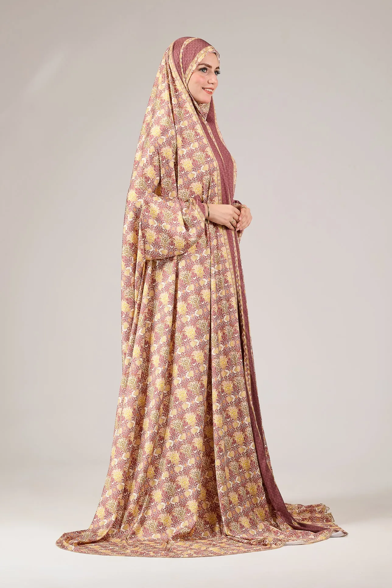 Talia Elegant Satin Floral Prayer Gown with Elasticated Cuffs