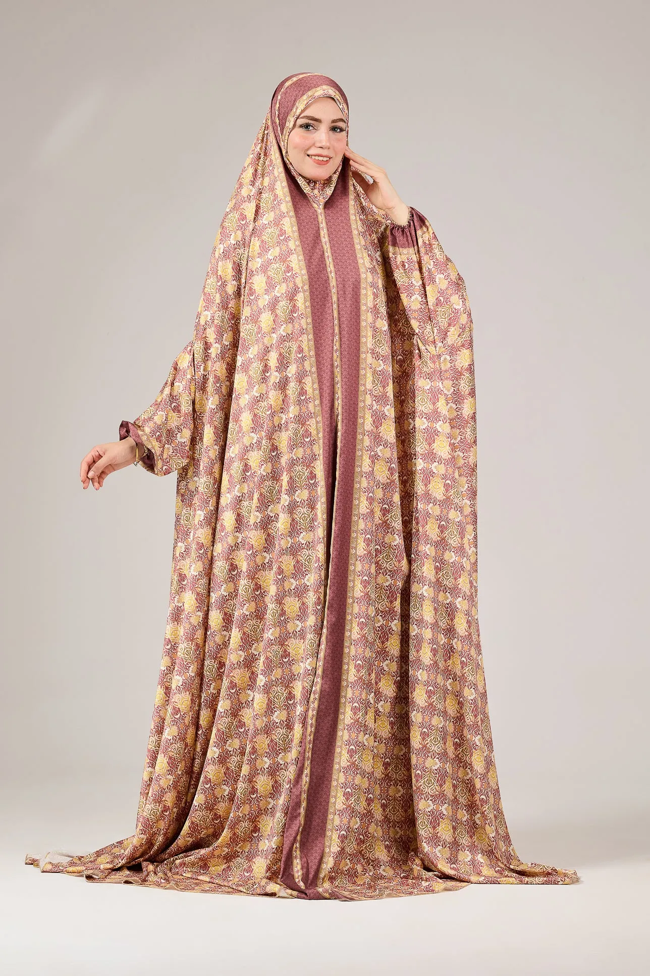 Talia Elegant Satin Floral Prayer Gown with Elasticated Cuffs
