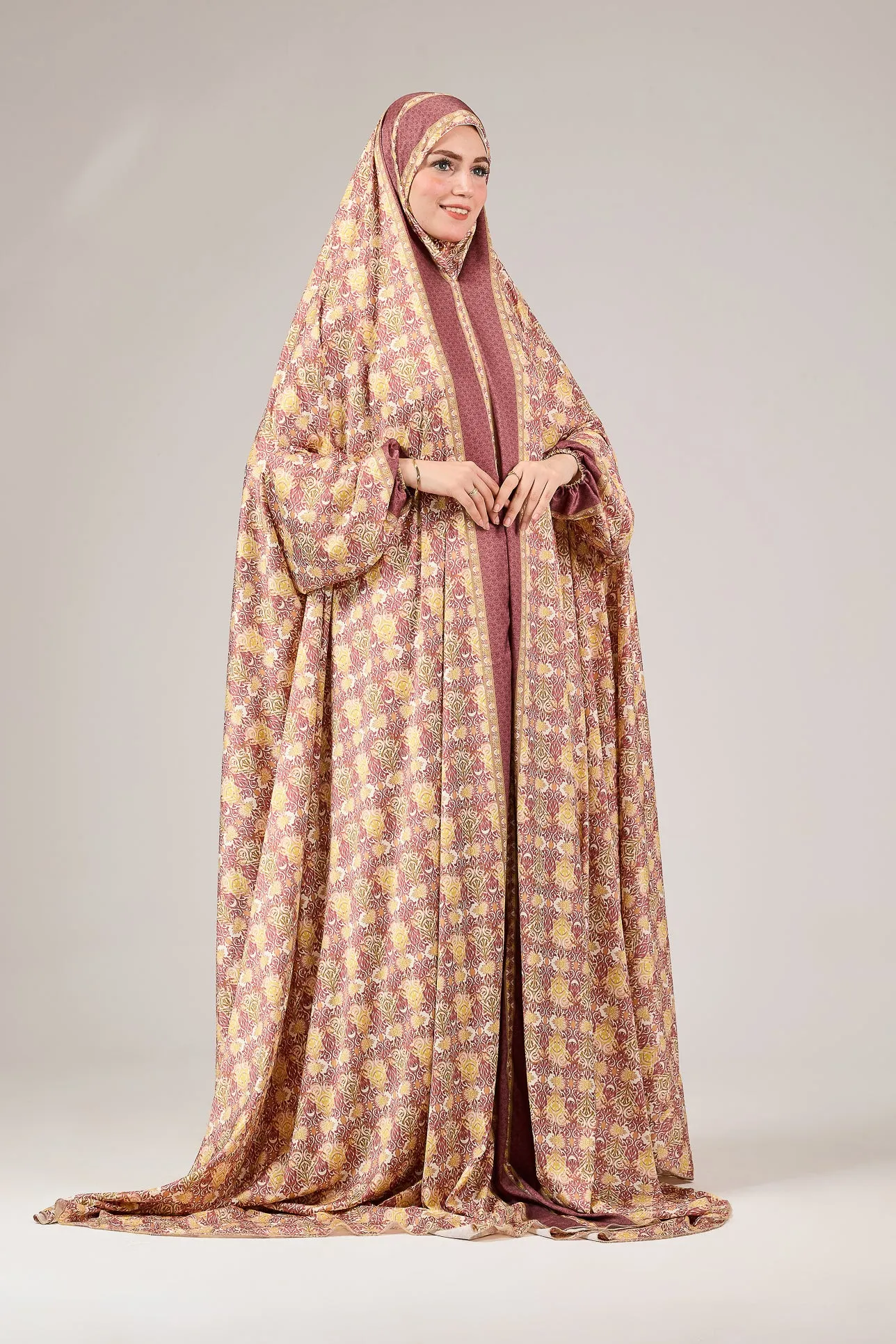 Talia Elegant Satin Floral Prayer Gown with Elasticated Cuffs