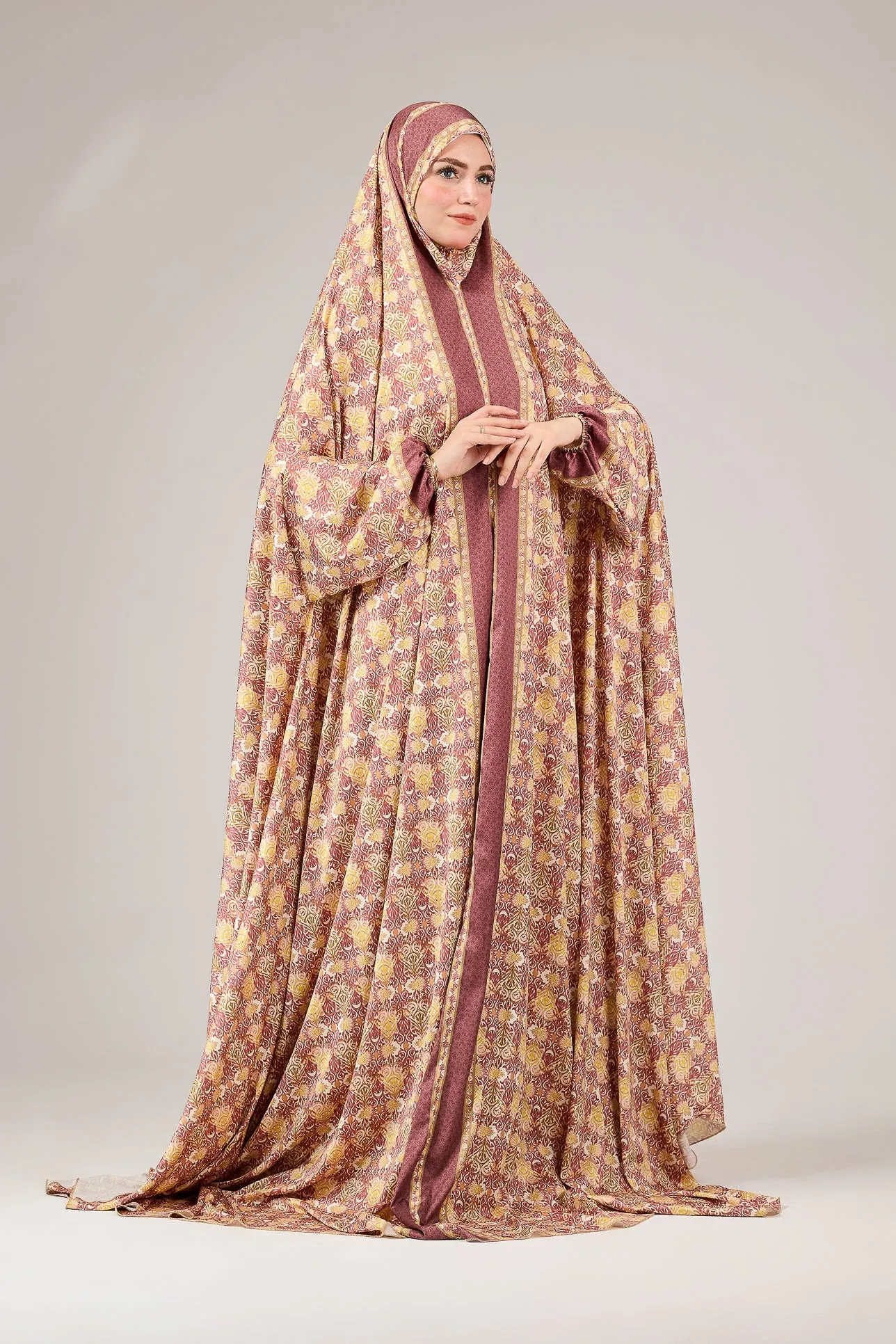 Talia Elegant Satin Floral Prayer Gown with Elasticated Cuffs