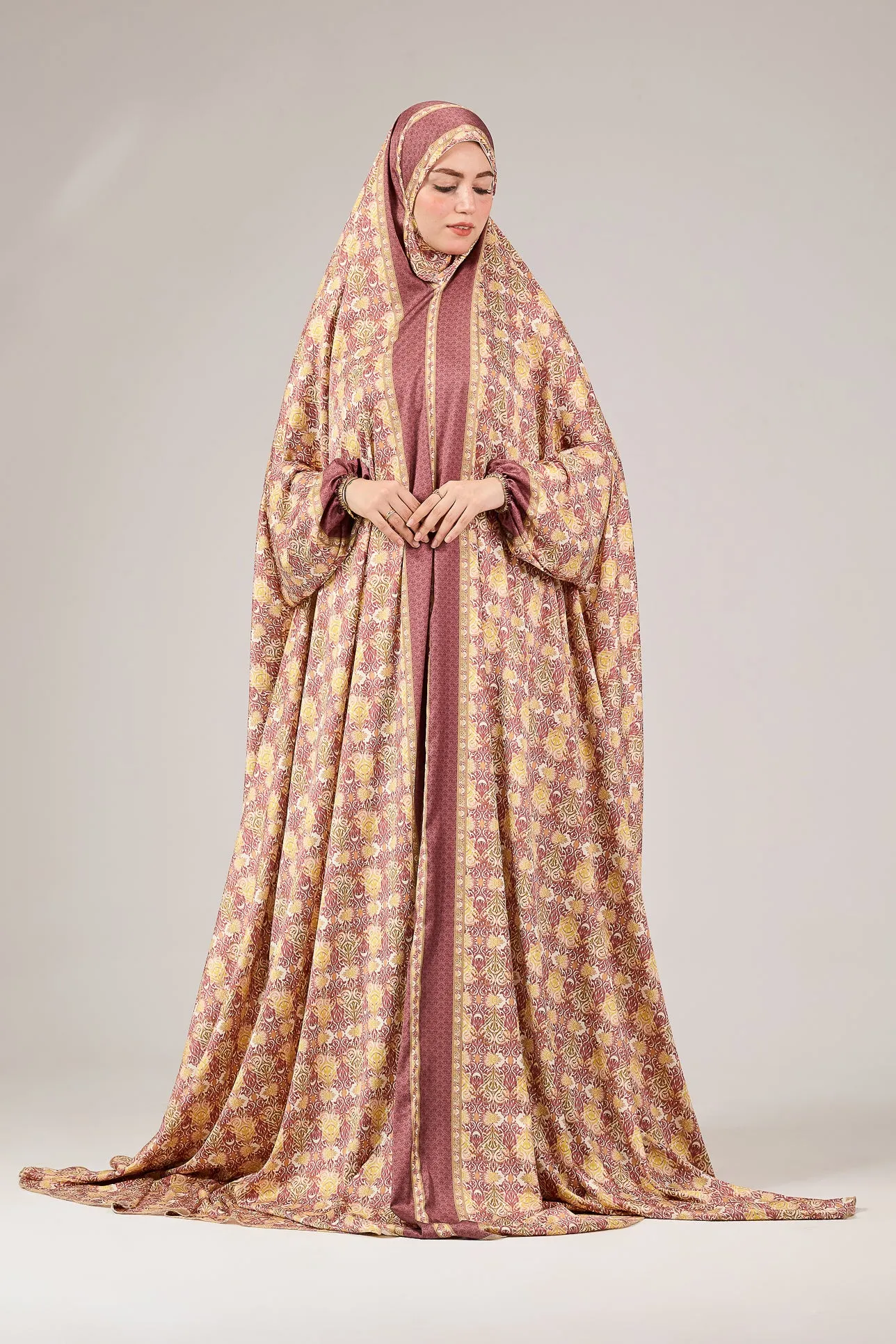 Talia Elegant Satin Floral Prayer Gown with Elasticated Cuffs
