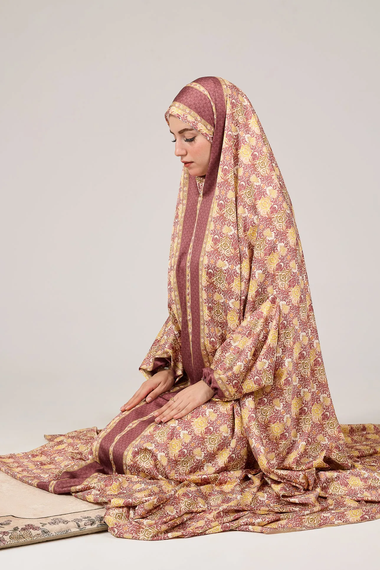 Talia Elegant Satin Floral Prayer Gown with Elasticated Cuffs