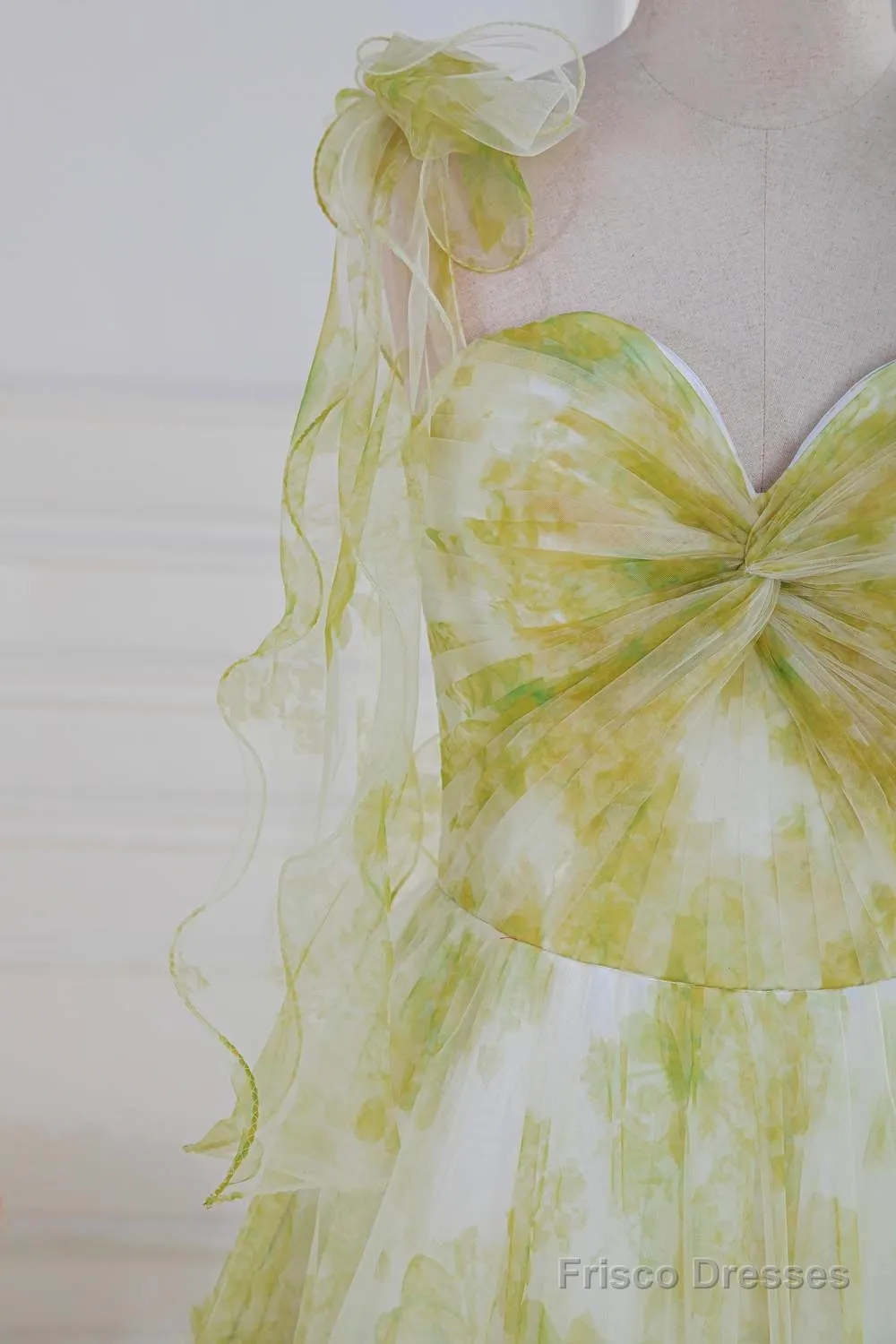 Tie Straps Yellow Floral Print Ruffles Tulle Long Prom Dress