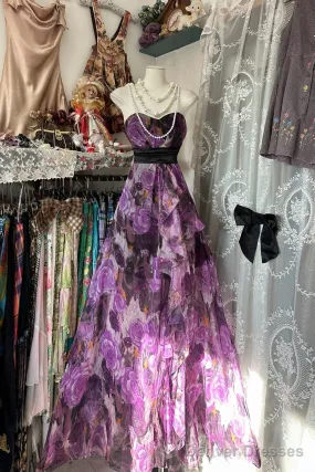 Vintage A Line Sleeveless Long Floral Chiffon Evening Dress Prom Dresses