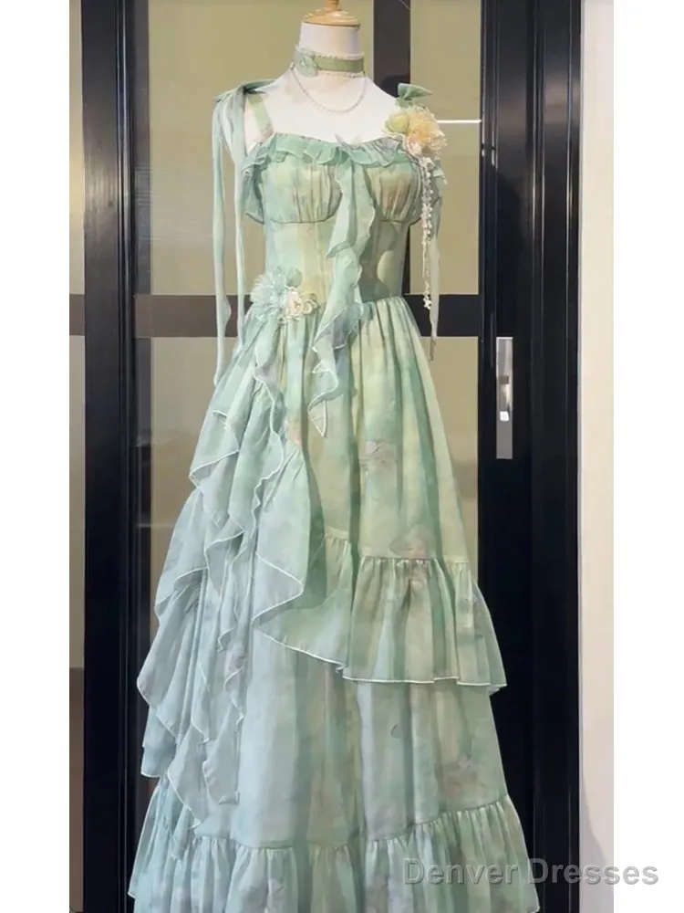 Vintage A Line Spaghetti Straps Green Floral Long Birthday Dresses Prom Dress Birthday Outfits