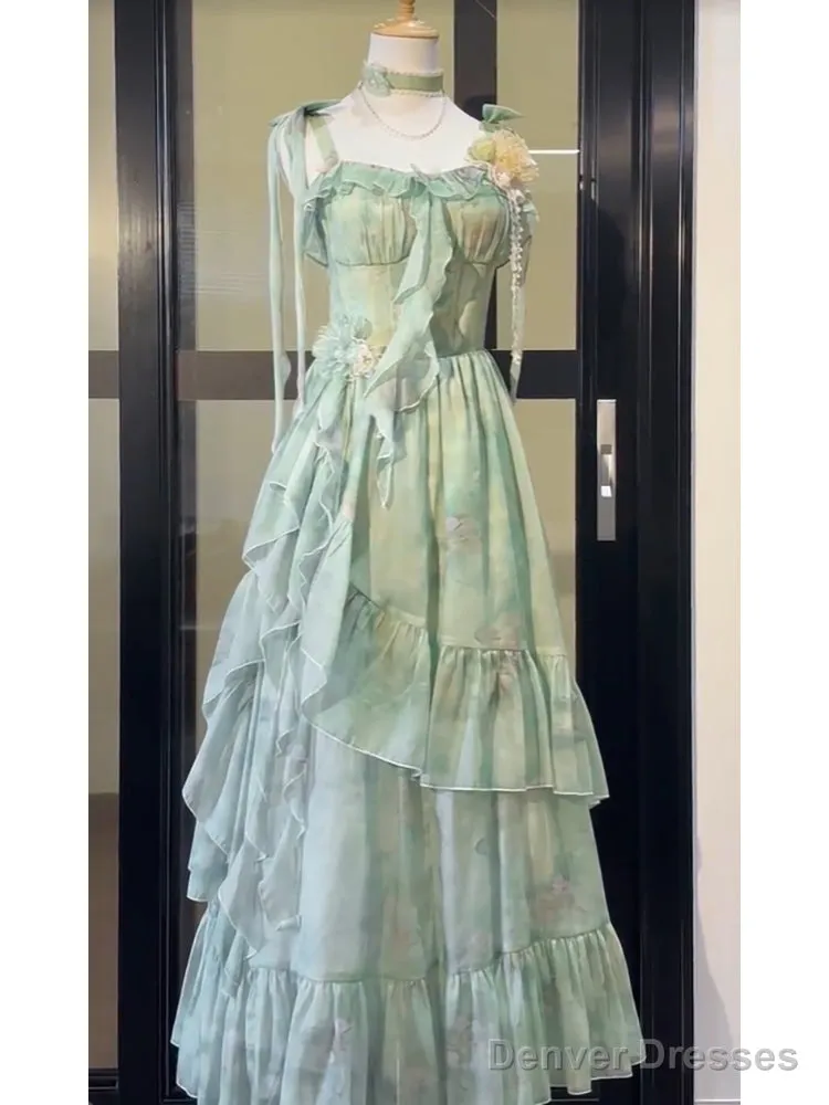Vintage A Line Spaghetti Straps Green Floral Long Birthday Dresses Prom Dress Birthday Outfits