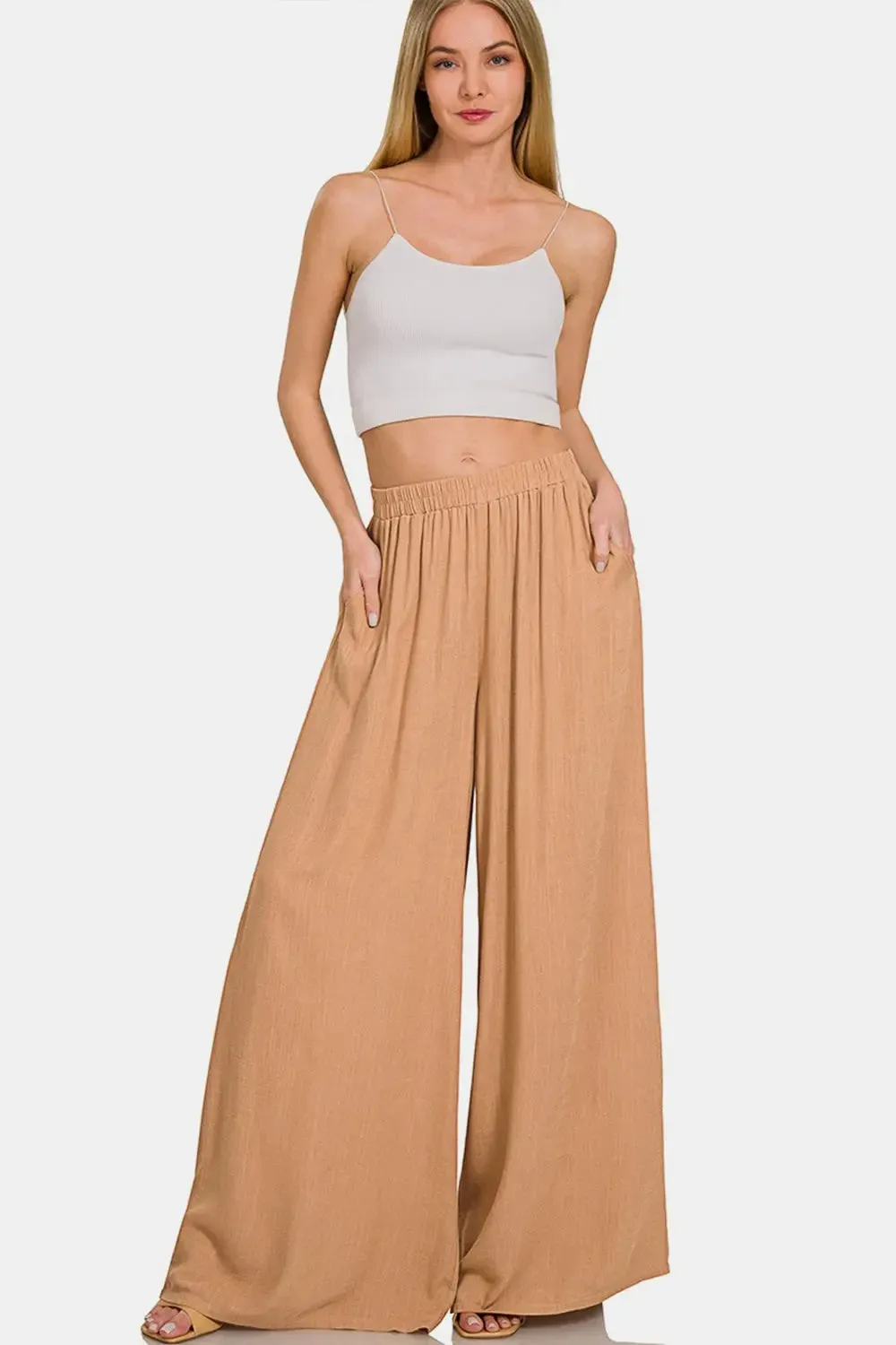 women's wide leg pants - by Zenana - Pleated Linen Blend